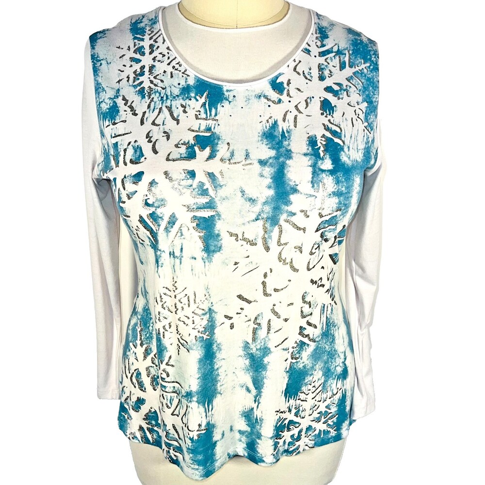 MC Sportswear Tunic Top Womens XL Wintre Theme Snowflake Scoop Neck Long Sleeve